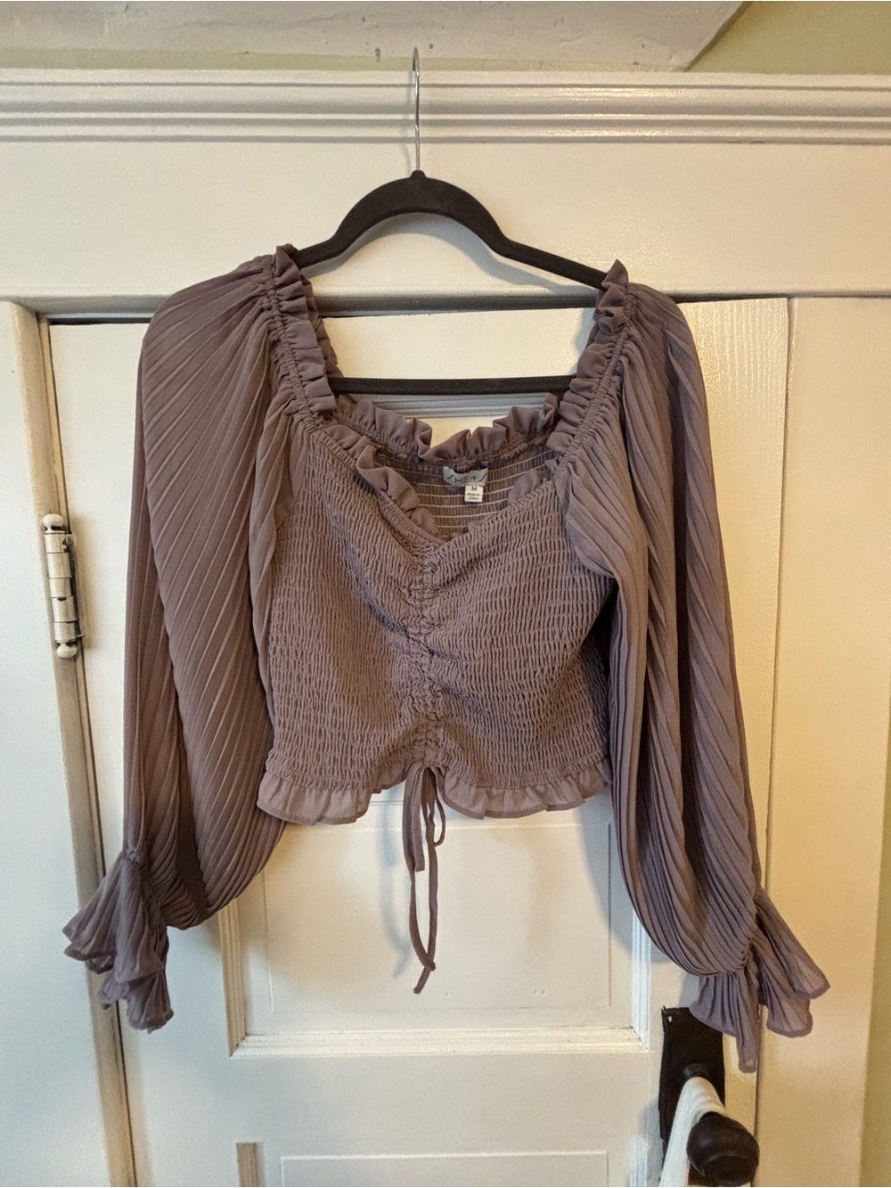 She + Sky Mauve Smocked Peasant Crop Top with Tie Front